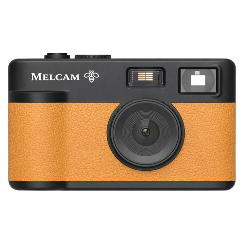 Câmera digital Melcam Polen Amarela vista frontal e traseira