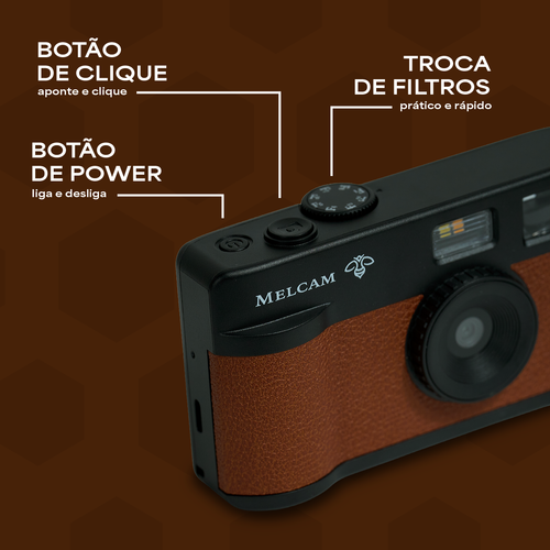 Câmera digital Melcam Polen Marrom diagrama de botões e funções