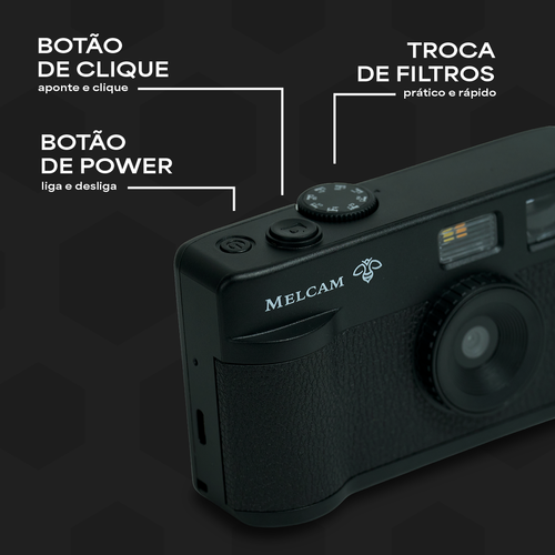 Câmera digital Melcam Polen Preta vista angular filtro retrô vintage